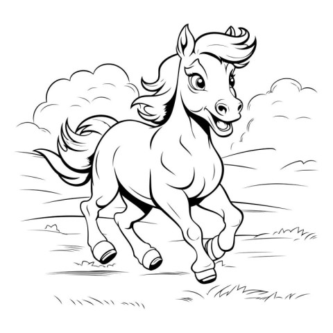 Black and White Cartoon Illustration of Horse Running in the Fie