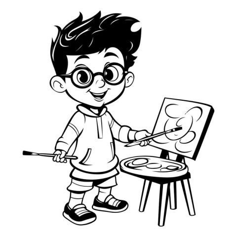 Boy painting a picture on easel - Black and White Cartoon Illust