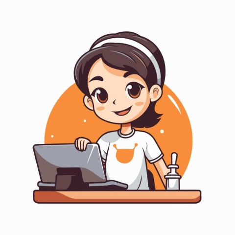 Cute little girl working on laptop at home. Vector illustration.