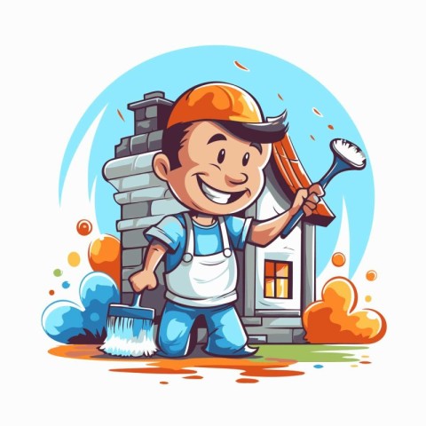 Vector cartoon illustration of house painter with paint brush an