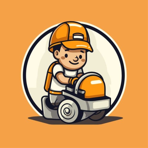 Cute little boy in helmet riding a lawn mower. Vector illustrati