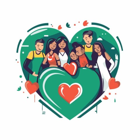 Happy family with children and heart. Vector illustration in fla