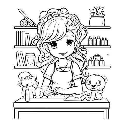 Coloring book for children: girl in the beauty salon with toys