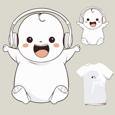 Illustration of a cute white baby with headphones and t-shirt