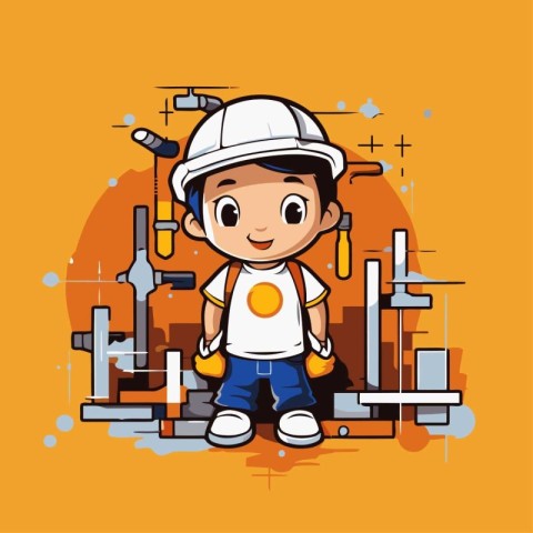 Cute boy with construction tools over yellow background. Vector