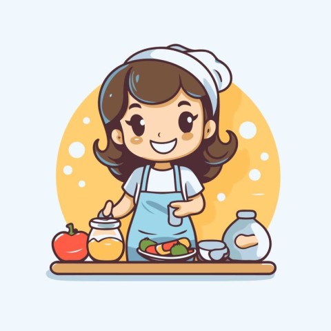 Cute little chef girl cooking in the kitchen. Vector illustratio