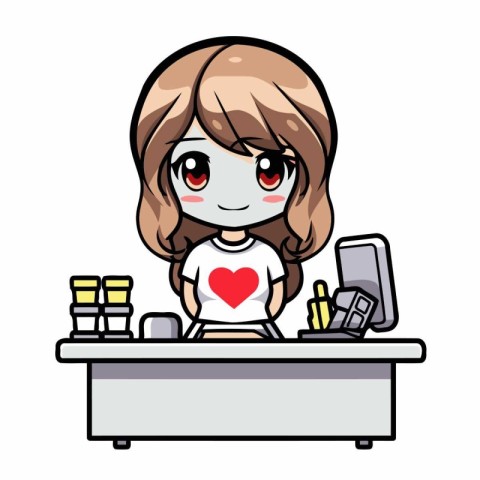 Cute girl working in the office with computer. Vector illustrati