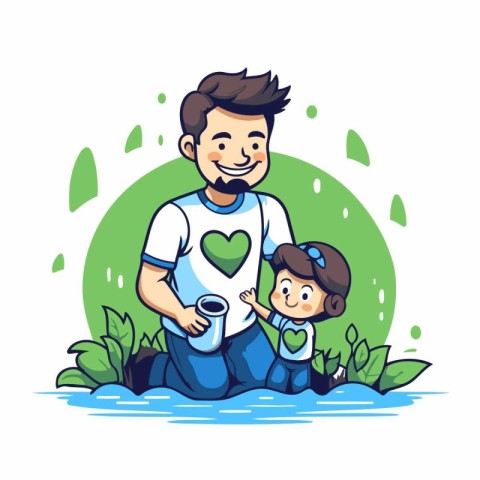 Father and daughter playing in the water. Vector illustration in