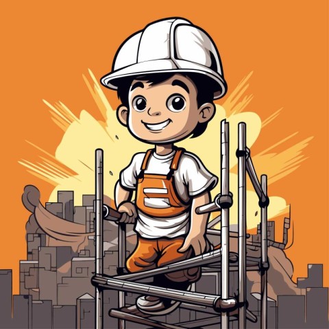 Vector illustration of a boy on a construction site with a helme