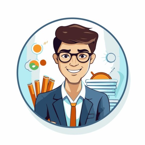 Portrait of a young businessman in a round frame. Vector illustr