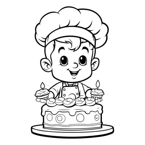 Black and White Cartoon Illustration of Cute Chef Boy with Cake