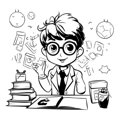 Funny Schoolboy doing homework. Black and white vector illustrat