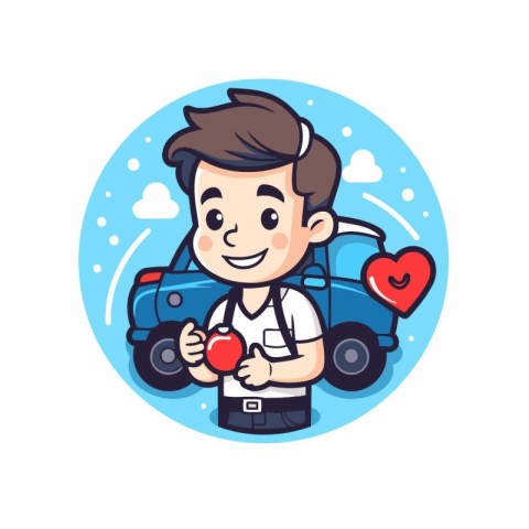 Cute boy with heart and car. Valentine's day vector illustration