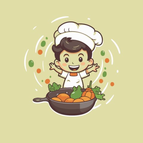 Chef boy cooking vegetables in a pan. Vector illustration of a c