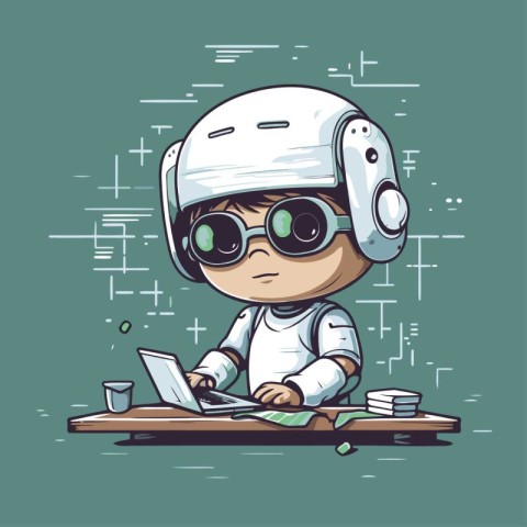 Cute cartoon boy with glasses and laptop. Vector illustration. T