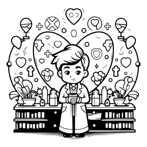 Black and White Cartoon Illustration of a Boy Celebrating Valent