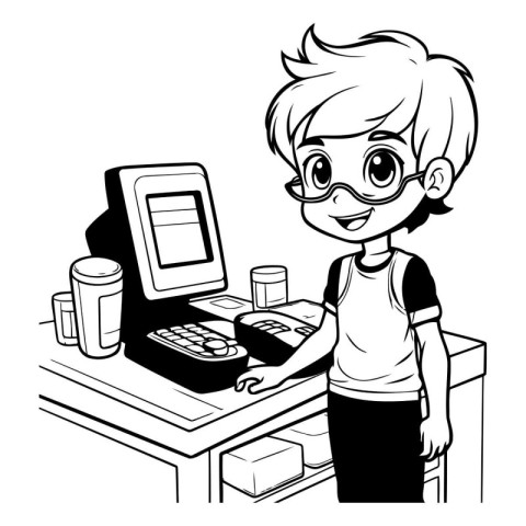 Cute boy working at the computer. black and white vector illustr