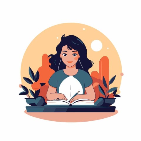 Girl sitting at the table and writing in a notebook. Flat vector