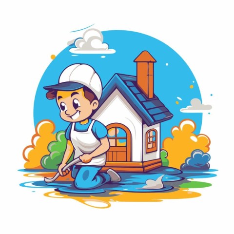 Cute cartoon boy with a shovel cleaning the house. Vector illust