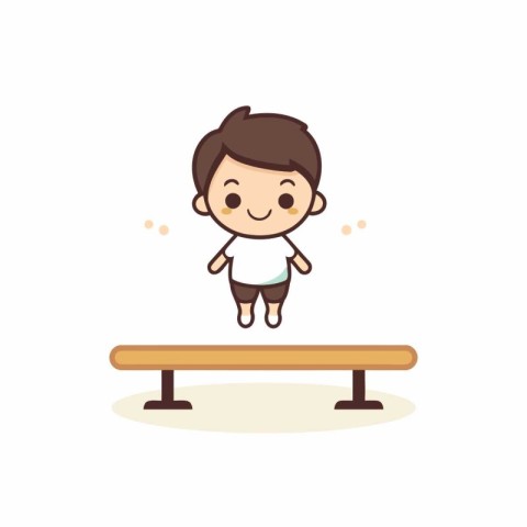 Cute Kid Boy Jumping on Gymnastic Bench Vector Illustration