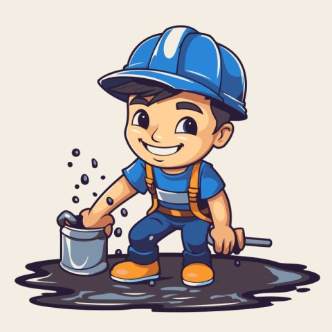 Vector illustration of a boy in a hard hat with a bucket of wate