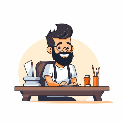 Hipster man working at his desk. Vector illustration in cartoon