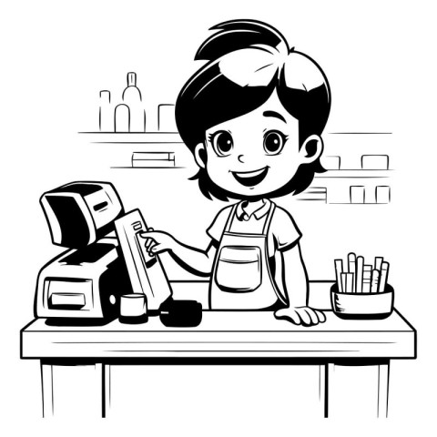 Cute little girl with cash register at the coffee shop. Vector i