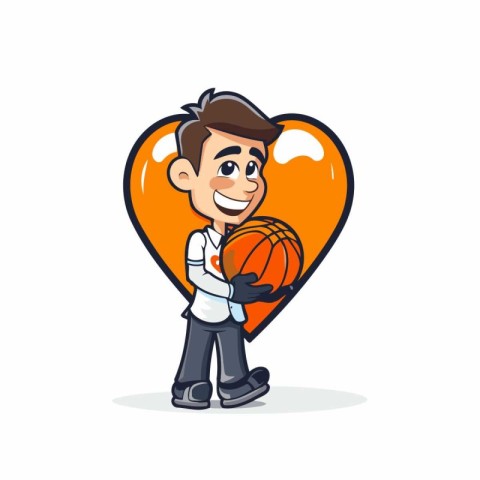 Cute boy holding basketball ball in heart shape. Vector illustra