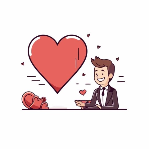 Businessman with a cup of coffee and a heart. Vector illustratio