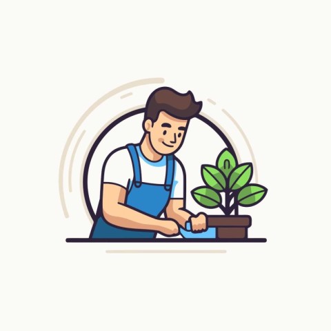 Vector illustration of a man planting a plant in a pot. Flat sty