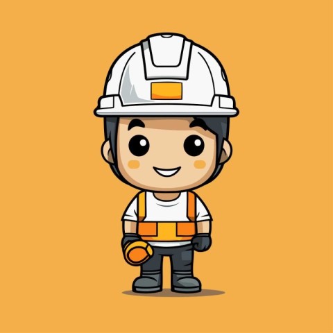 Cute Kid Worker Character in Hard Hat and Hard Hat. Vector Illus