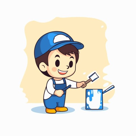 Boy painting wall with brush and paint roller. Cute cartoon vect