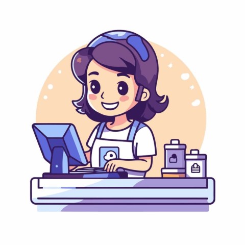 Cute little girl working at the cash register. Vector illustrati