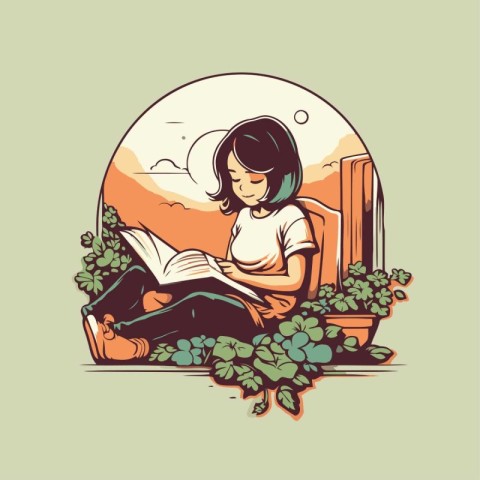 Girl reading a book on the balcony. Vector illustration in retro