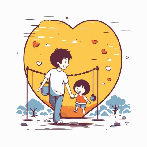 Father and son playing in the park. Happy family. Vector illustr