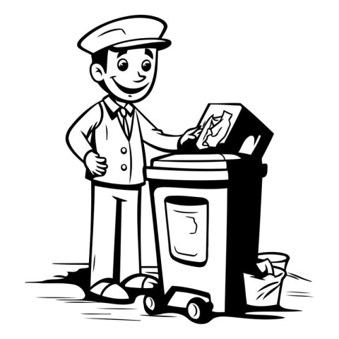 Vector illustration of a postman with a trash can and a cart.