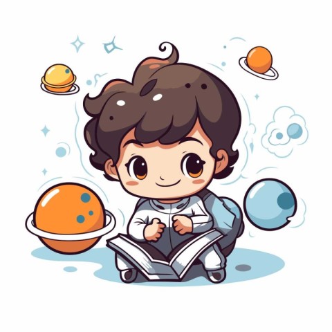 Cute little boy in space suit reading a book. Vector illustratio