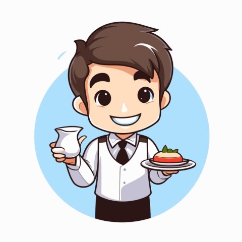 Waiter holding a plate of cake and milk cartoon vector illustrat