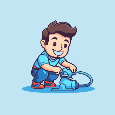 Cute cartoon boy using vacuum cleaner. Cleaning concept. Vector