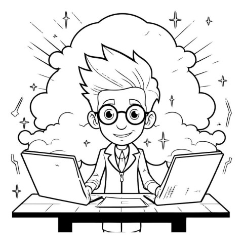 Black and White Cartoon Illustration of a Businessman Working on