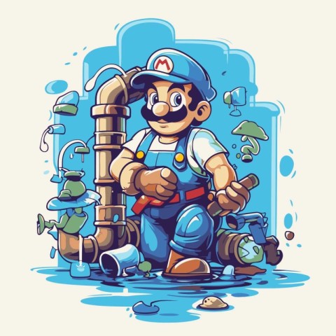 Plumber with tools. Vector illustration of a cartoon plumber.