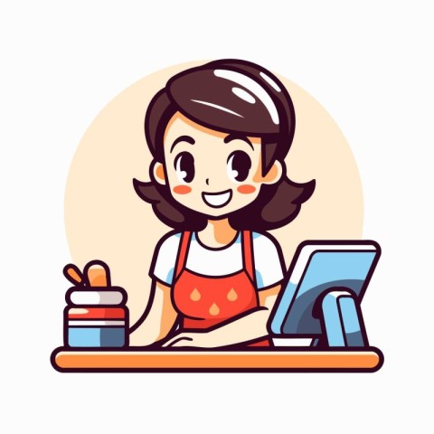 Girl in apron sitting at table with laptop. Vector illustration.