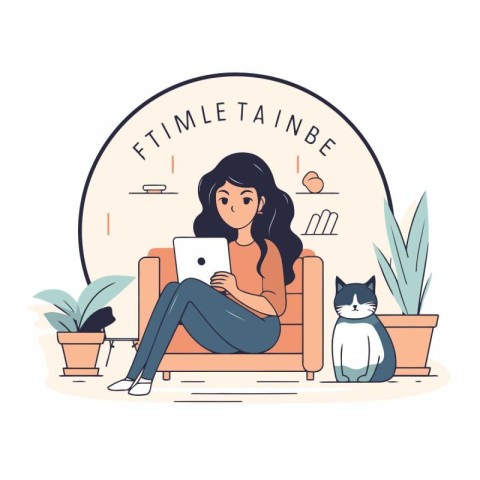 Vector illustration of a girl sitting on the couch with a laptop