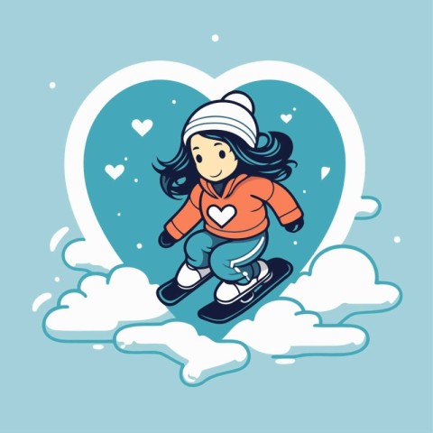 Vector illustration of a girl skier in a heart shaped cloud.