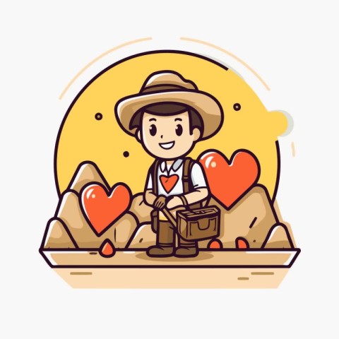 Cute cartoon farmer with a suitcase and heart. Vector illustrati