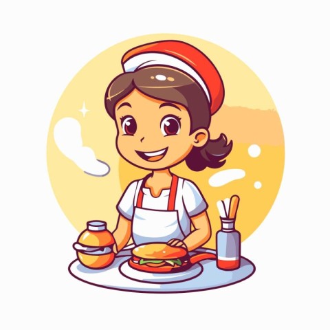 Cute little girl in red santa hat and apron cooking hamburger. V