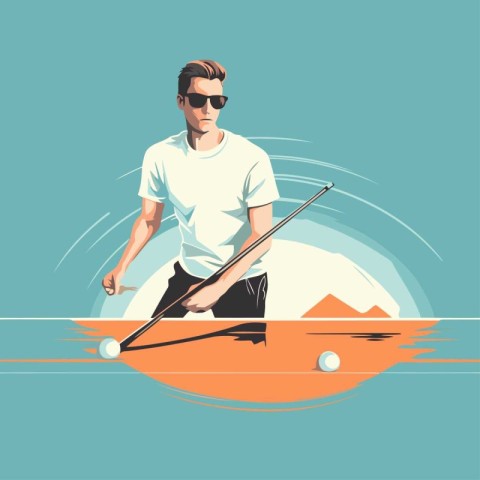 Man rowing on a boat. Vector illustration in retro style.