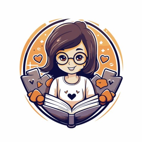 Cute girl reading a book and playing cards. Vector illustration.