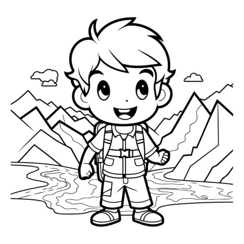 Black and White Cartoon Illustration of Kid Boy Hiking or Campin