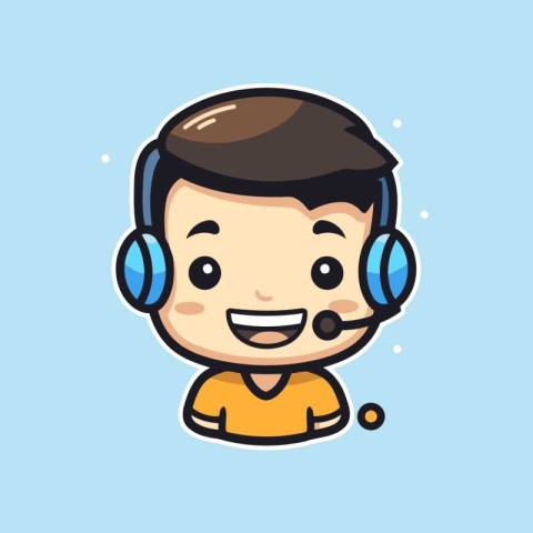 Cute boy call center operator with headset. Vector flat cartoon